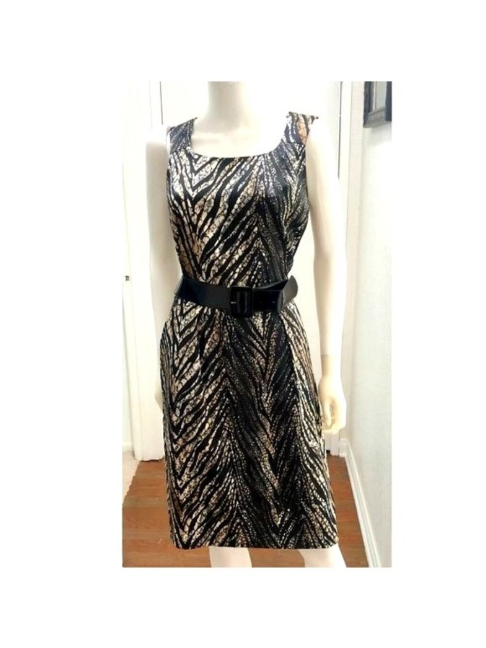 DRESS BARN -WOMENS STRAP ANIMAL PRINT BELTED KNEE LENGHT DRESS SIZE 10